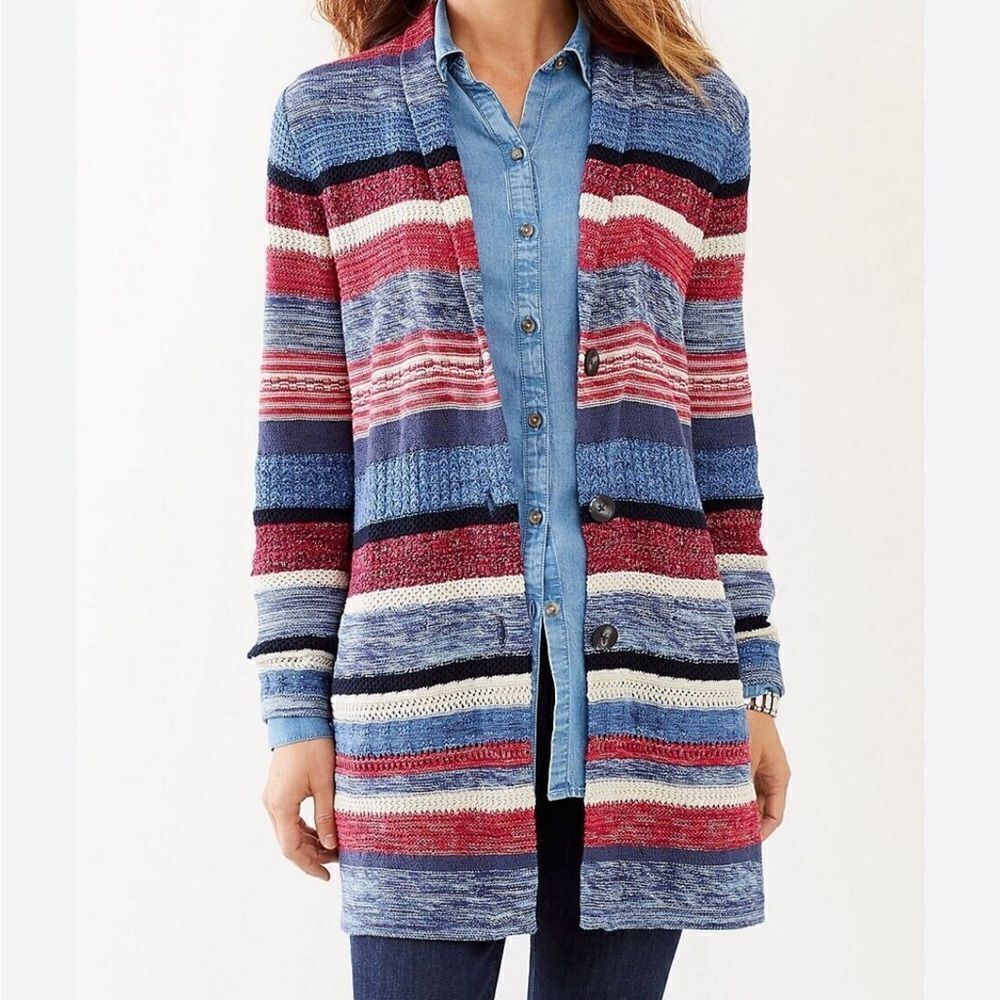 J. Jill Red White Blue Striped 3 Button Cardigan Size Small Petite